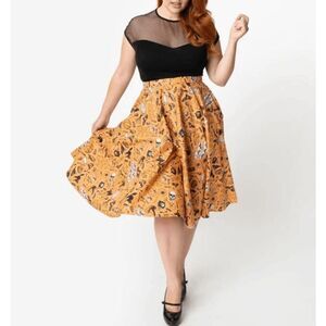 Unique Vintage Women's Retro Orange Halloween Print High Waist Swing Skirt sz XL